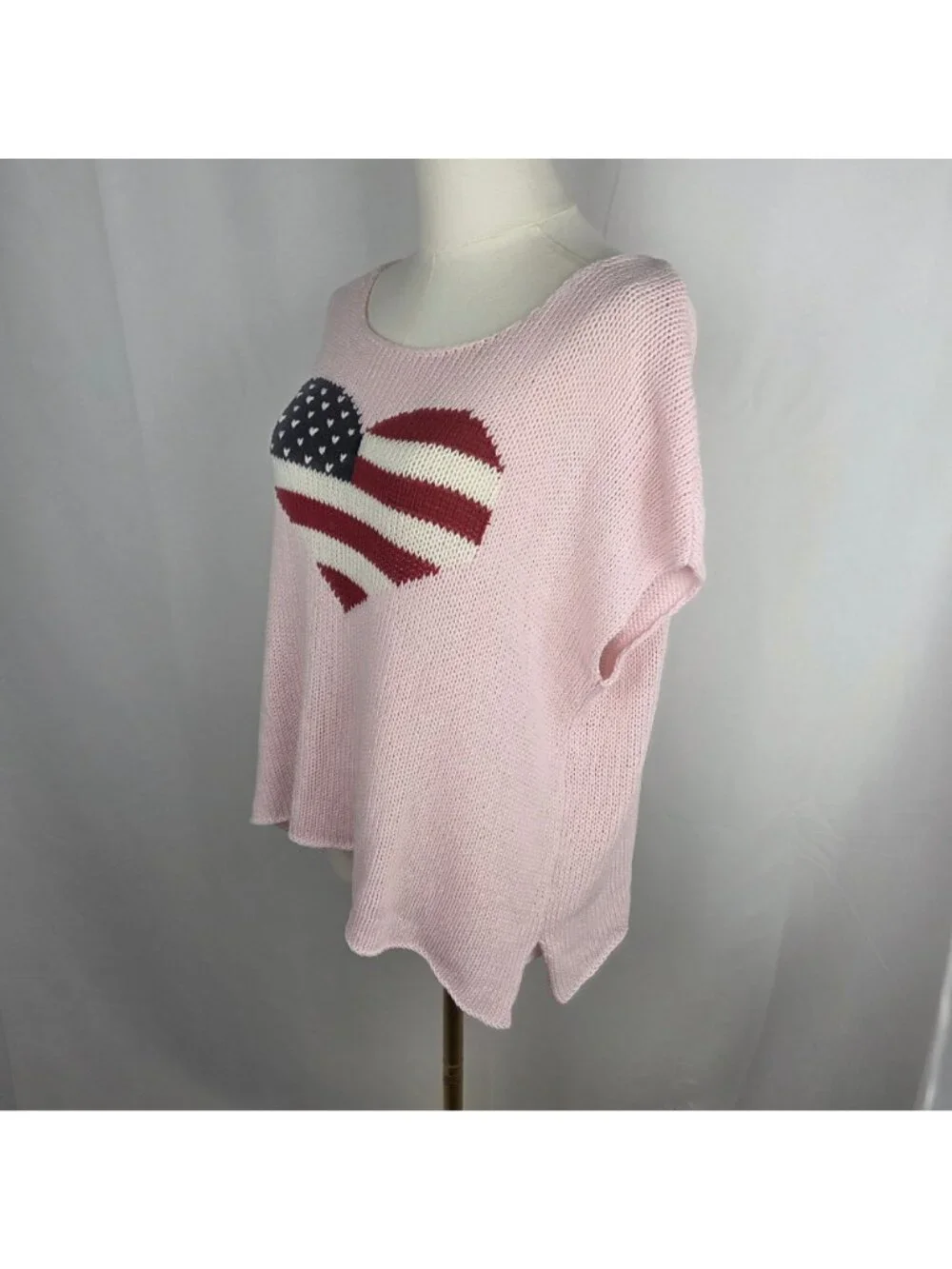 Wooden Ships American Flag Heart Sweater Top L Pink Open Knit Short Sleeve Beach - Picture 4 of 9